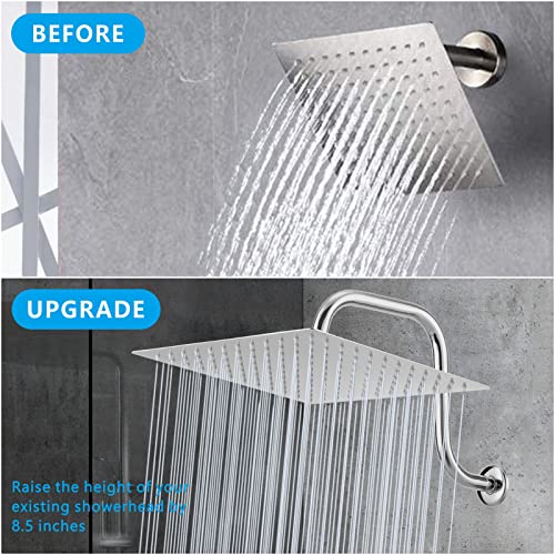 Voolan Rain Shower Head with Goose Neck Curve Arm, All Metal Waterfall Rainfall Showerhead, High Flow Bathroom Square Large Shower Head (12’’ Shower Head with 13’’ Shower Arm, Chrome)