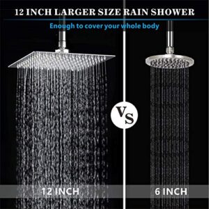 Voolan Rain Shower Head with Goose Neck Curve Arm, All Metal Waterfall Rainfall Showerhead, High Flow Bathroom Square Large Shower Head (12’’ Shower Head with 13’’ Shower Arm, Chrome)