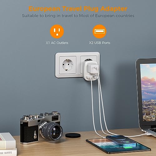 European Travel Plug Adapter, TESSAN International Power Plug with 2 USB Ports, Type C Outlet Adaptor Charger for US to Most of Europe EU Iceland Spain Italy France Germany