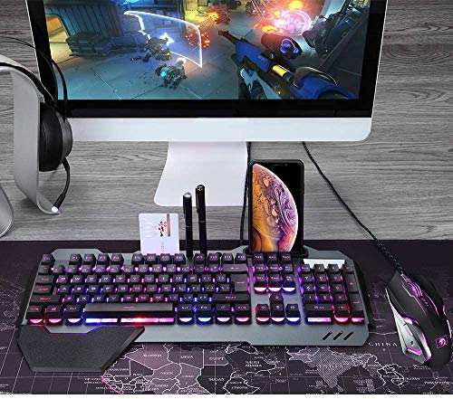 FELiCON Wired Game Keyboard and Mouse Combo, RGB LED Backlit Mechanical Feel Keyboard with Hand Rest Phone Holder,and 6 Button 3200 DPI Mice and Large RGB Mouse Pad for Computer Gamer Office