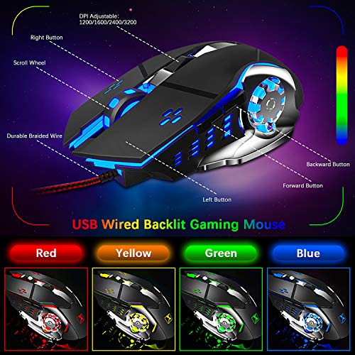 FELiCON Wired Game Keyboard and Mouse Combo, RGB LED Backlit Mechanical Feel Keyboard with Hand Rest Phone Holder,and 6 Button 3200 DPI Mice and Large RGB Mouse Pad for Computer Gamer Office