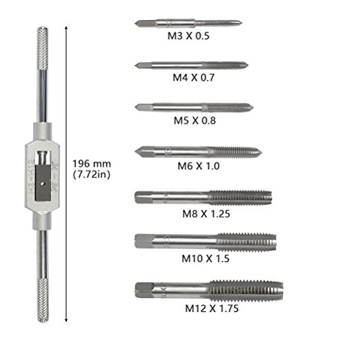OFNMY 8PCS Tap Wrench Set, Metric Tap Set, Tap Machine Hand Screw Thread Taps Set Thread Metric Plug Tap Drill Bits Set M3 M4 M5 M6 M8 M10 M12 with Adjustable Tap Reamer Wrench Hardware Tool 1/16-1/2"