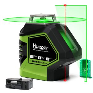 huepar self-leveling green laser level cross line with 2 plumb dots laser tool -360-degree horizontal line plus large fan angle of vertical beam with up & down points -magnetic pivoting base 621cg
