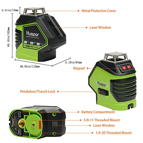 Huepar Self-Leveling Laser Level Red Cross Line with 2 Plumb Dots Laser Tool -360-Degree Horizontal Line Plus Large Fan Angle of Vertical Beam with Up & Down Points -Magnetic Pivoting Base 621CR