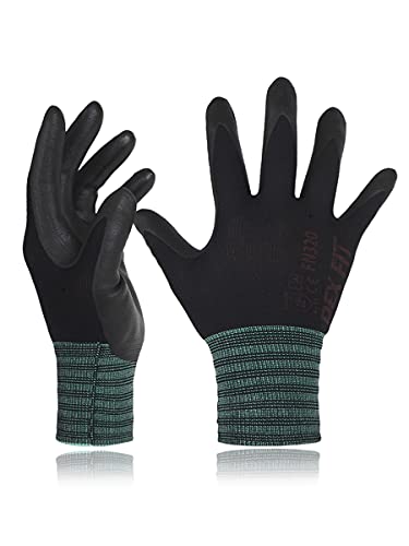 DEX FIT Premium Nylon Nitrile Work Gloves FN320, 3 Pairs, 3D-Comfort Stretchy Fit, Firm Grip, Thin & Lightweight, Durable, Breathable & Cool, Machine Washable; Black 8 (M)