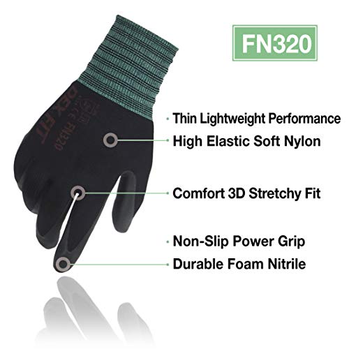 DEX FIT Premium Nylon Nitrile Work Gloves FN320, 3 Pairs, 3D-Comfort Stretchy Fit, Firm Grip, Thin & Lightweight, Durable, Breathable & Cool, Machine Washable; Black 8 (M)