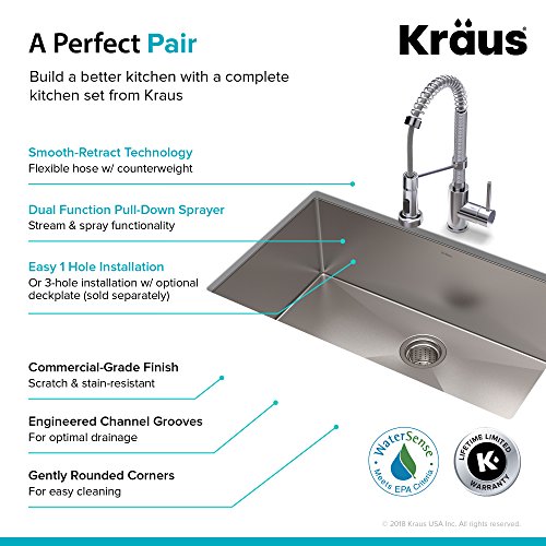 Kraus KHU100-30-1610-53CH Set with Standart PRO Stainless Steel Sink and Bolden Commercial Pull Faucet in Chrome Kitchen Sink & Faucet Combo, 30 Inch