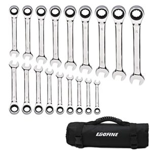 egofine 18pc metric wrench set, 6 mm - 24 mm chrome vanadium steel ratcheting wrench set with a roll up storage bag