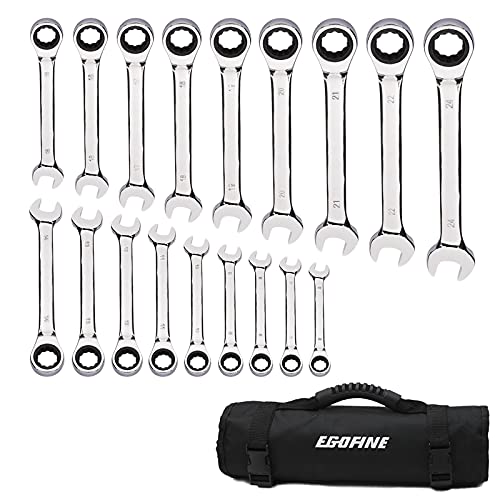 Egofine 18pc Metric Wrench Set, 6 mm - 24 mm Chrome Vanadium Steel Ratcheting Wrench Set with a Roll Up Storage Bag