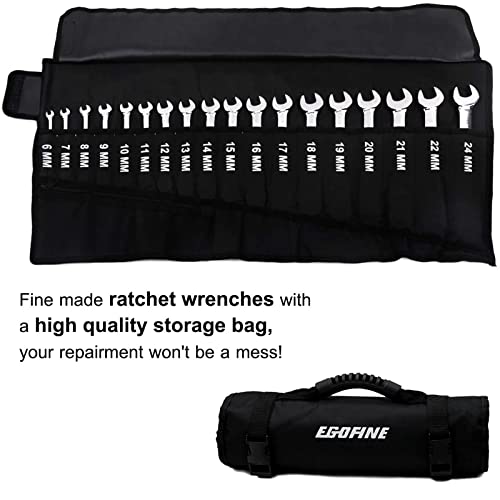 Egofine 18pc Metric Wrench Set, 6 mm - 24 mm Chrome Vanadium Steel Ratcheting Wrench Set with a Roll Up Storage Bag