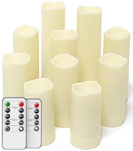 salipt flameless candles, led flickering candles set of 10 (h 4" 5" 6" 7" xd 2.2") waterproof candles, resin plastic, indoor outdoor use,ivory