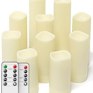 salipt Flameless Candles, LED Flickering Candles Set of 10 (H 4" 5" 6" 7" xD 2.2") Waterproof Candles, Resin Plastic, Indoor Outdoor Use,Ivory