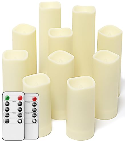 salipt Flameless Candles, LED Flickering Candles Set of 10 (H 4" 5" 6" 7" xD 2.2") Waterproof Candles, Resin Plastic, Indoor Outdoor Use,Ivory