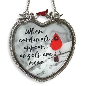 memorial cardinal sun catcher - when cardinals appear angels are near saying - heart shaped glass sun catcher with cardinals and winter scene. measures 4 ¼” h x 4” w.