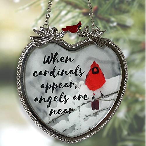 Memorial Cardinal Sun Catcher - When Cardinals Appear Angels are Near Saying - Heart Shaped Glass Sun Catcher with Cardinals and Winter Scene. Measures 4 ¼” H x 4” W.