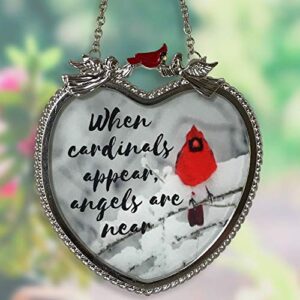 Memorial Cardinal Sun Catcher - When Cardinals Appear Angels are Near Saying - Heart Shaped Glass Sun Catcher with Cardinals and Winter Scene. Measures 4 ¼” H x 4” W.