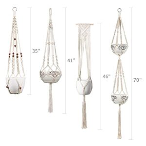 Mkono Macrame Plant Hangers Set of 4 Indoor Hanging Planter Basket Wall Decorative Flower Pot Holder with 4 Hooks for Indoor Outdoor Home Decor Gift Box, Ivory