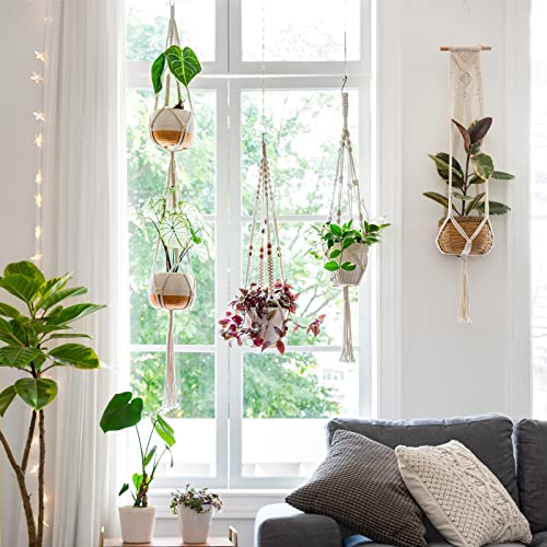 Mkono Macrame Plant Hangers Set of 4 Indoor Hanging Planter Basket Wall Decorative Flower Pot Holder with 4 Hooks for Indoor Outdoor Home Decor Gift Box, Ivory