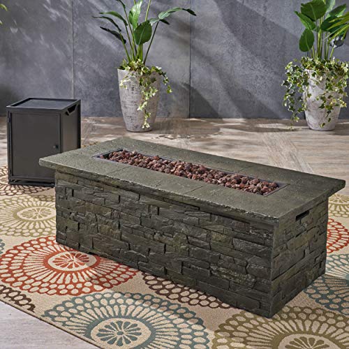 Christopher Knight Home Welsh Outdoor Light Weight Rectangular Fire Pit, Natural Stone/Black