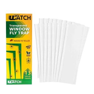 ucatch transparent window fly traps (13 pack) to catch house flies, moths, gnats, spiders, bugs. green, eco-friendly see through paper with no poison