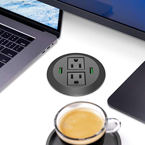 3 inch Desk Power Grommet, USB Grommet with Green Port, Desk Hole Round Grommet Outlets with 2 AC Outlets and 2 USB Ports 6.5FT Heavy Duty Power Cord