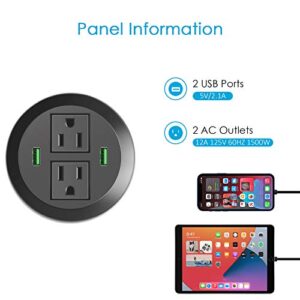 3 inch Desk Power Grommet, USB Grommet with Green Port, Desk Hole Round Grommet Outlets with 2 AC Outlets and 2 USB Ports 6.5FT Heavy Duty Power Cord