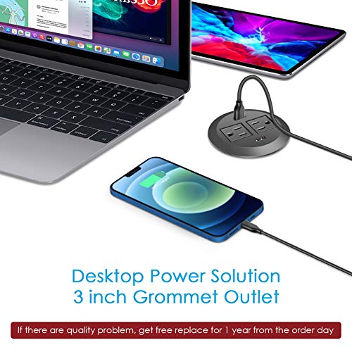 3 inch Desk Power Grommet, USB Grommet with Green Port, Desk Hole Round Grommet Outlets with 2 AC Outlets and 2 USB Ports 6.5FT Heavy Duty Power Cord