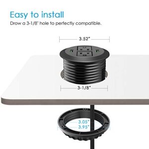 3 inch Desk Power Grommet, USB Grommet with Green Port, Desk Hole Round Grommet Outlets with 2 AC Outlets and 2 USB Ports 6.5FT Heavy Duty Power Cord