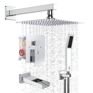 sr sun rise 12 inches all metal square shower system with tub spout, tub shower faucet set, high pressure rain shower head and handheld sprayer combo shower fixtues, valve included, polished chrome