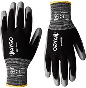 kaygo work gloves pu coated-12 pairs, kg15p,nylon lite polyurethane safety work gloves, gray polyurethane coated, knit wrist cuff,ideal for light duty work (large, black)
