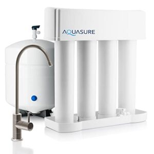 aquasure premier 4-stage ro reverse osmosis under sink drinking water filtration system | removes 99% of contaminants | 75 gpd, leak-proof, quick change filters, with tank & brushed nickel faucet