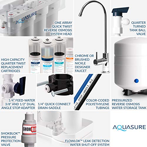 Aquasure Premier 4-Stage RO Reverse Osmosis Under Sink Drinking Water Filtration System | Removes 99% of Contaminants | 75 GPD, Leak-Proof, Quick Change Filters, with Tank & Brushed Nickel Faucet