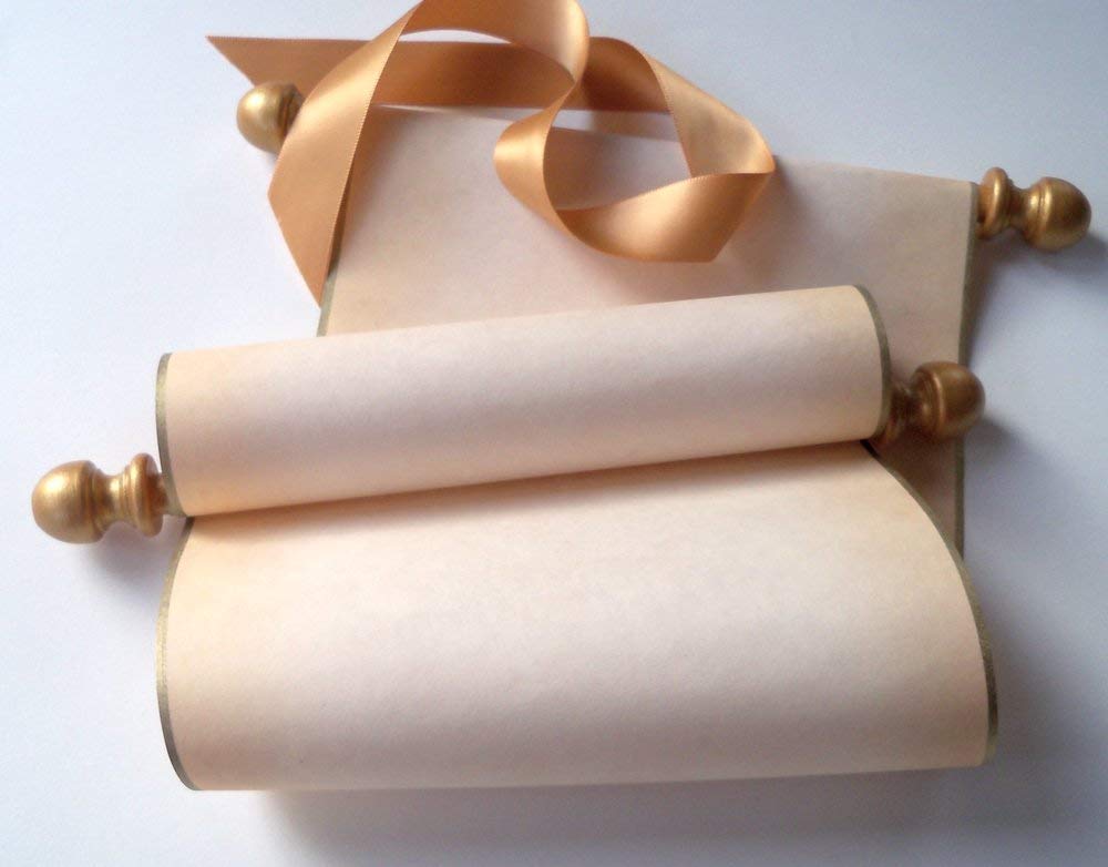 Blank scroll with box on aged parchment, 5" wide paper, gold accents