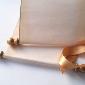 Blank scroll with box on aged parchment, 5" wide paper, gold accents