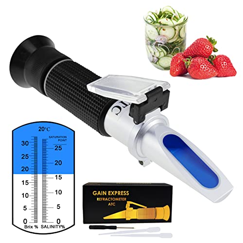 2-in-1 Brix Salinity Refractometer Dual Scale 0-32% Brix & 0-28% Salinity with ATC Sodium Chloride in Food Salt Seawater Brine Beer fruits Cutting Liquid