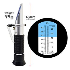 2-in-1 Brix Salinity Refractometer Dual Scale 0-32% Brix & 0-28% Salinity with ATC Sodium Chloride in Food Salt Seawater Brine Beer fruits Cutting Liquid