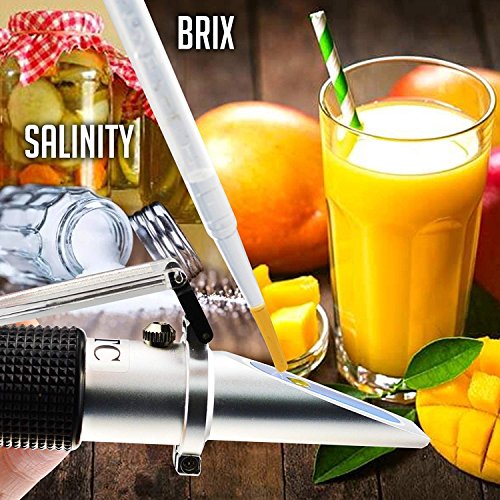 2-in-1 Brix Salinity Refractometer Dual Scale 0-32% Brix & 0-28% Salinity with ATC Sodium Chloride in Food Salt Seawater Brine Beer fruits Cutting Liquid