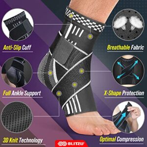 BLITZU Ankle Brace With Adjustable Compression Support Strap for Achilles Tendonitis, Joint Pain Relief. Ankle Wrap for Women & Men. Sprained Ankle & Protectors Sleeve Heel Pain, Foot Arch Black L