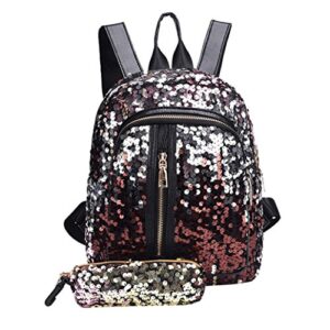 thenlian fashion girl sequins school bag backpack travel shoulder bag+clutch wallet (red)