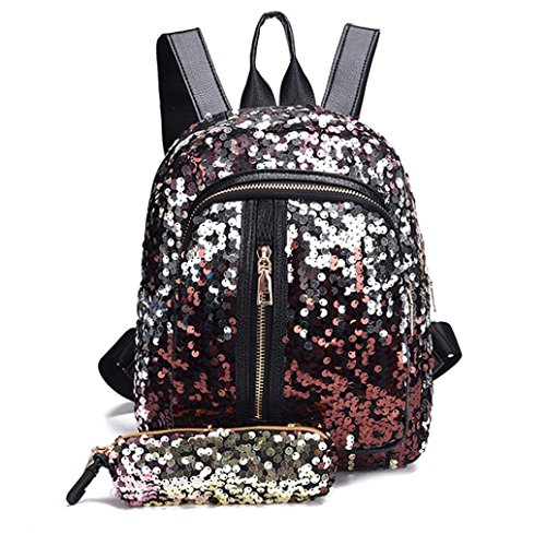Thenlian Fashion Girl Sequins School Bag Backpack Travel Shoulder Bag+Clutch Wallet (Red)