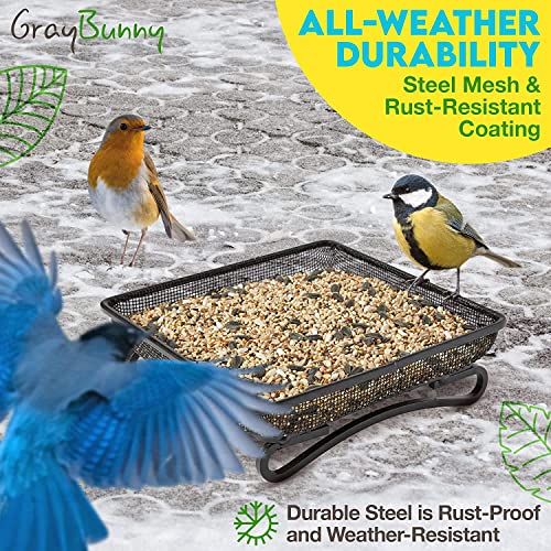 Gray Bunny Ground Bird Feeder Tray, Metal Platform Bird Feeder Dish Size 7 X 7 Inches, Durable Rust Resistant Feeder for Wild Birds, Squirrels, Doves, Cardinals, Gifts for Mom, Gifts for Dad