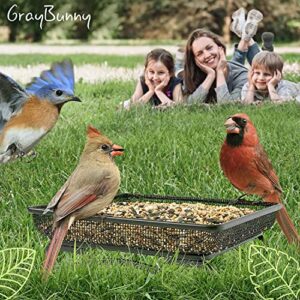 Gray Bunny Ground Bird Feeder Tray, Metal Platform Bird Feeder Dish Size 7 X 7 Inches, Durable Rust Resistant Feeder for Wild Birds, Squirrels, Doves, Cardinals, Gifts for Mom, Gifts for Dad