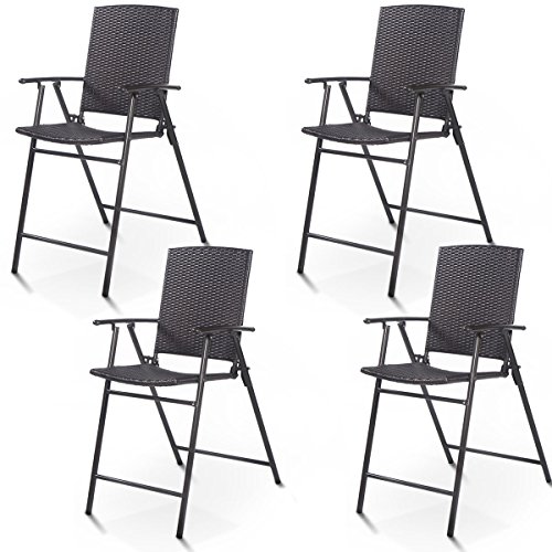 Giantex Set of 4 Folding Wicker Rattan Bar Chairs High Stool with Back Steel Frame Portable Outdoor Indoor UV Resistant Barstools Garden Patio Furniture Set w/Armrests Footrest