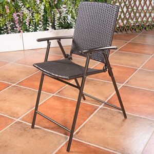 Giantex Set of 4 Folding Wicker Rattan Bar Chairs High Stool with Back Steel Frame Portable Outdoor Indoor UV Resistant Barstools Garden Patio Furniture Set w/Armrests Footrest