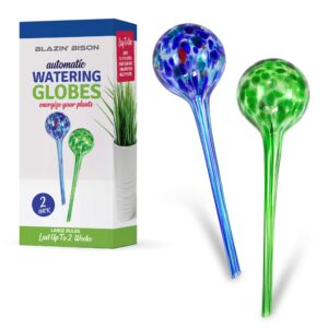 Blazin' Bison Self Watering Bulbs for Plants | Automatic Vacation House Plant Water Globes | Decorative Hand-Blown Glass Aqua Globe | 2pc Deluxe Set (Large)