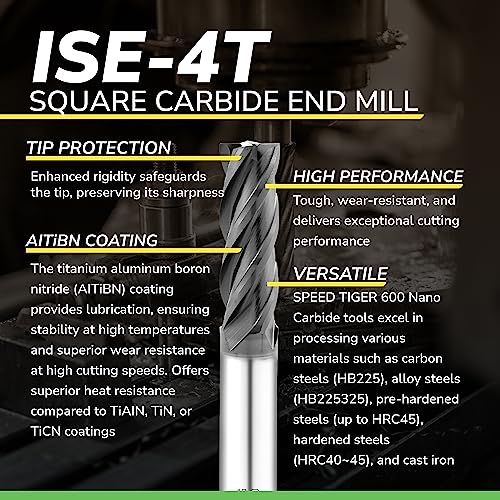 SPEED TIGER Micrograin Carbide Square End Mill - 4 Flute - ISE1/4"4T (5 Pieces, 1/4") - for Milling Alloy Steels, Hardened Steel, Metal & More – Mill Bits Sets for DIYers & Professionals