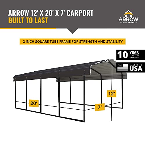 Arrow Shed 12 x 20 x 7-Foot Heavy Duty Galvanized Steel Metal Multi-Use Shelter, Shade, Carport, 12' x 20' x 7', Charcoal color