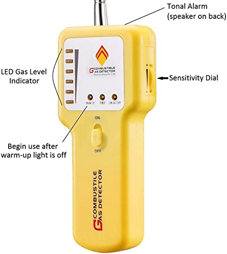 Gas Leak Detector & Natural Gas Detector: Portable Gas Sniffer to Locate Leaks of Multiple Combustible Gases Like Propane, Methane, LPG, LNG, Fuel, Sewer Gas with 12" Flexible Sensor Neck