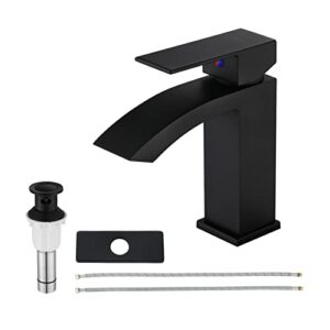 ezanda brass waterfall bathroom faucet with extra large rectangular spout, deck plate, pop-up drain assembly & water supply hoses included, matte black, 14254