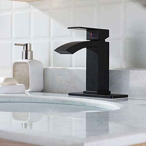 EZANDA Brass Waterfall Bathroom Faucet with Extra Large Rectangular Spout, Deck Plate, Pop-up Drain Assembly & Water Supply Hoses Included, Matte Black, 14254